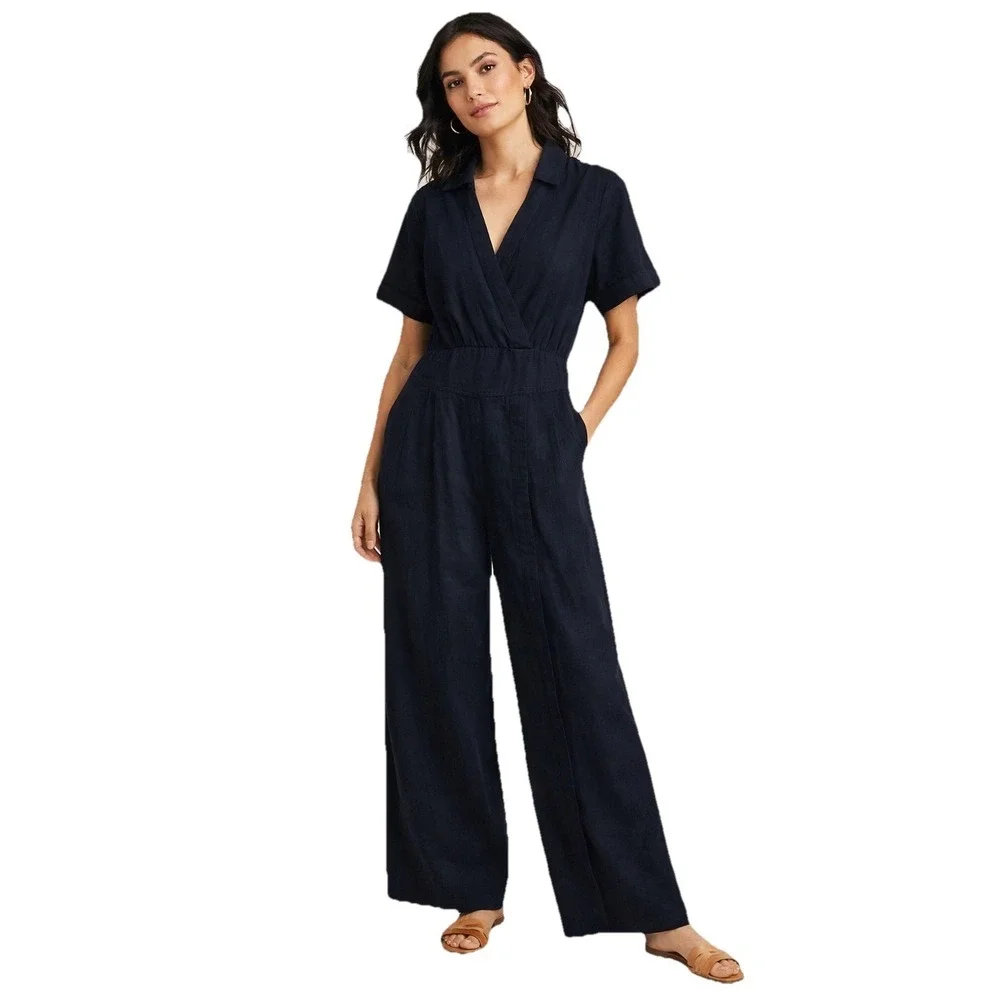 Anthropologie Maeve Short Sleeve Jumpsuit Sz 6 Black Split Flare Leg Viscose